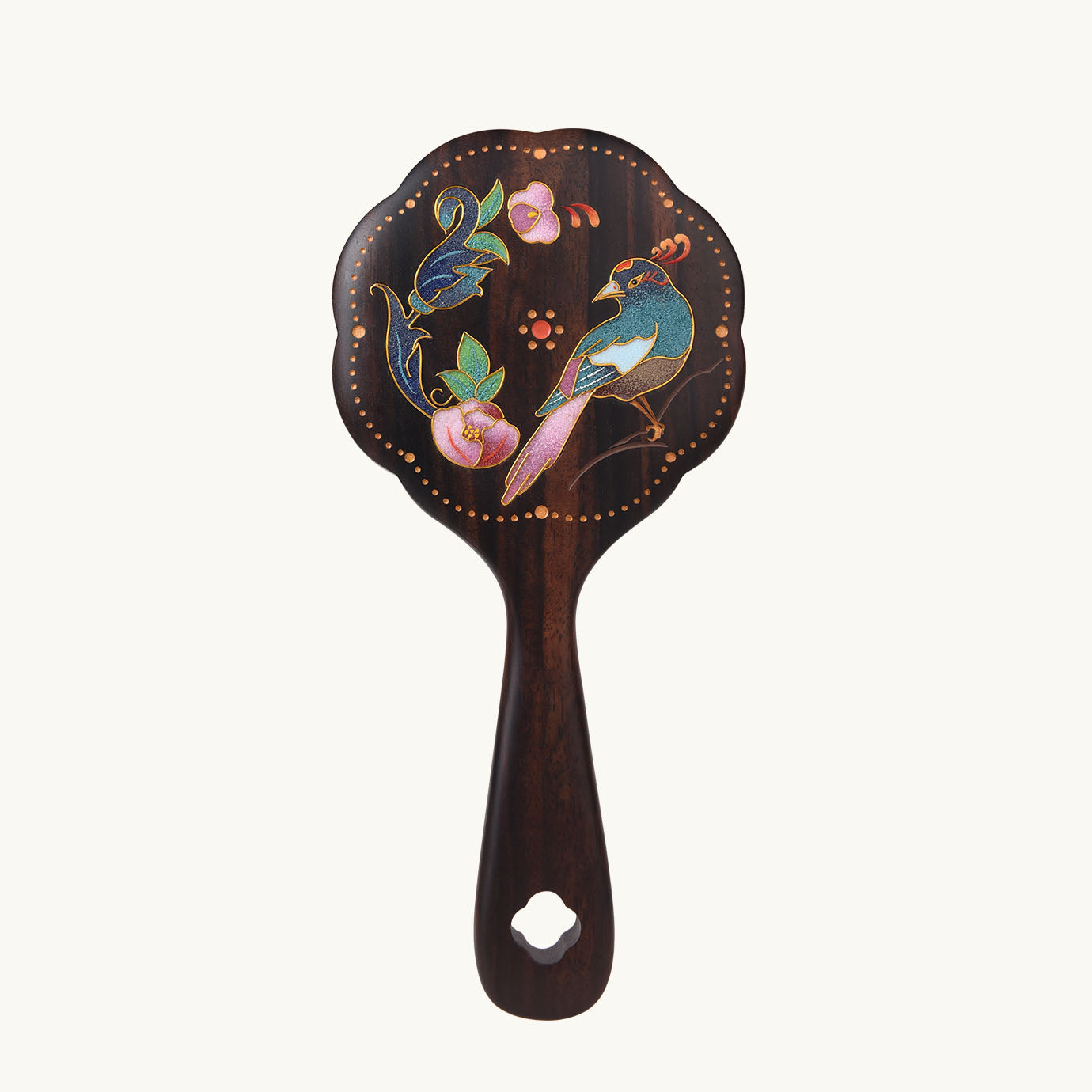 Handspiegel van houten cloisonné-emaille met bloesems en vogels Handspiegel van houten cloisonné-emaille met bloesems en vogels
