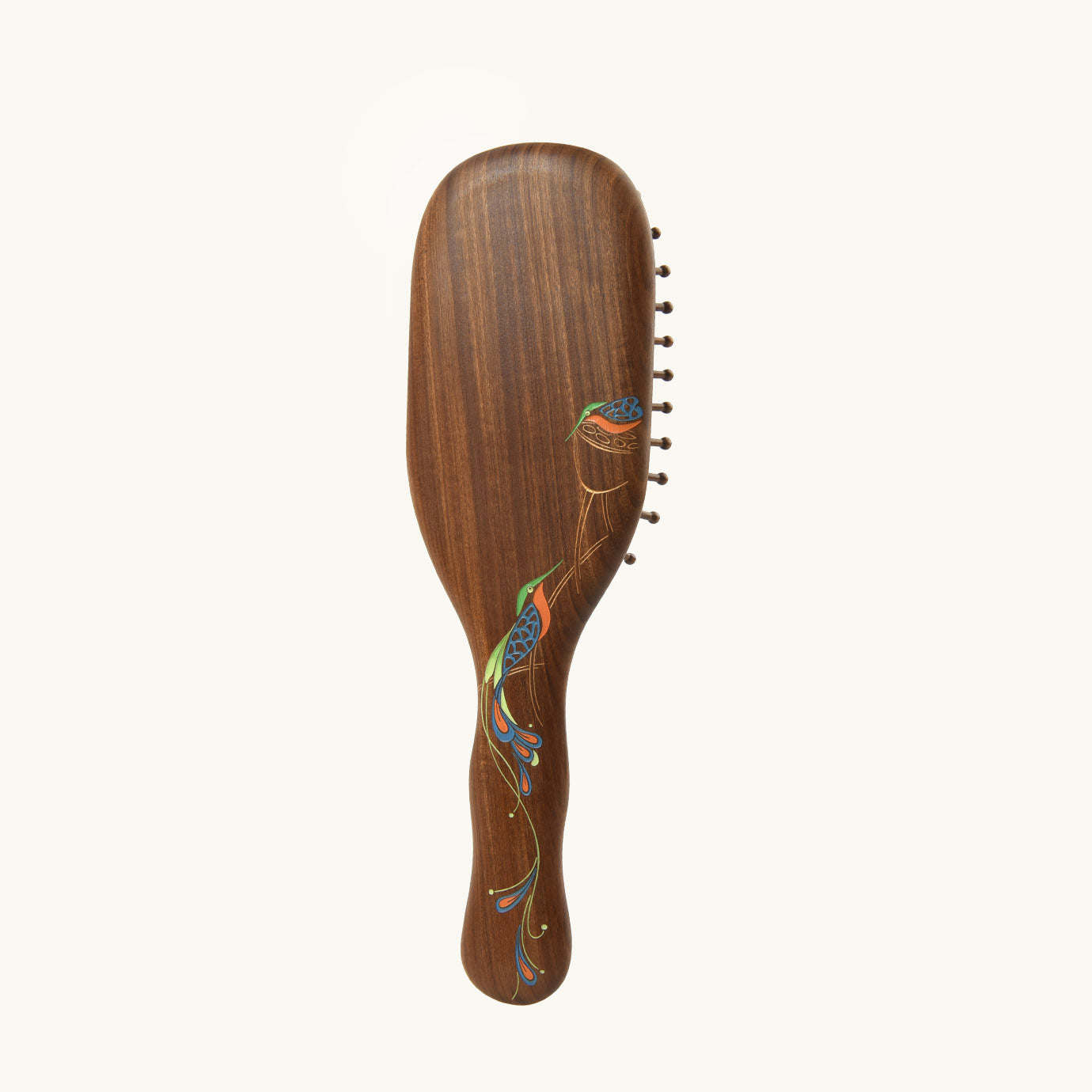 Houten haarborstel met pauwenmotief